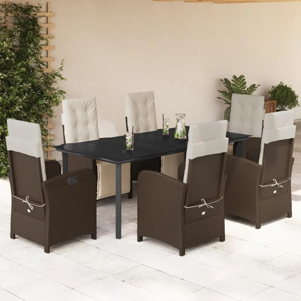 Set da pranzo da giardino 7pz con cuscini in polyrattan marrone