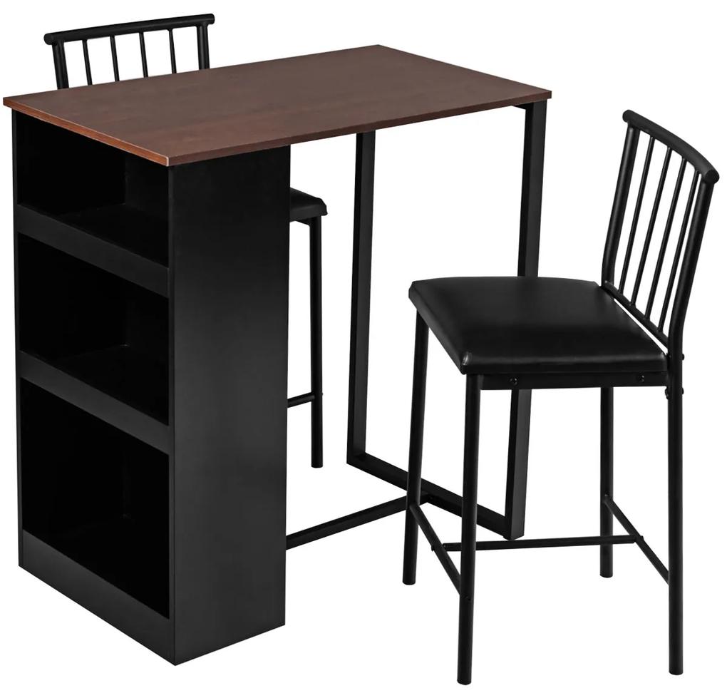 Costway Set tavolo e sedie da bar industriali 3 pezzi, Tavolo alto con 2 sedie imbottite e 3 scomparti laterali Marrone