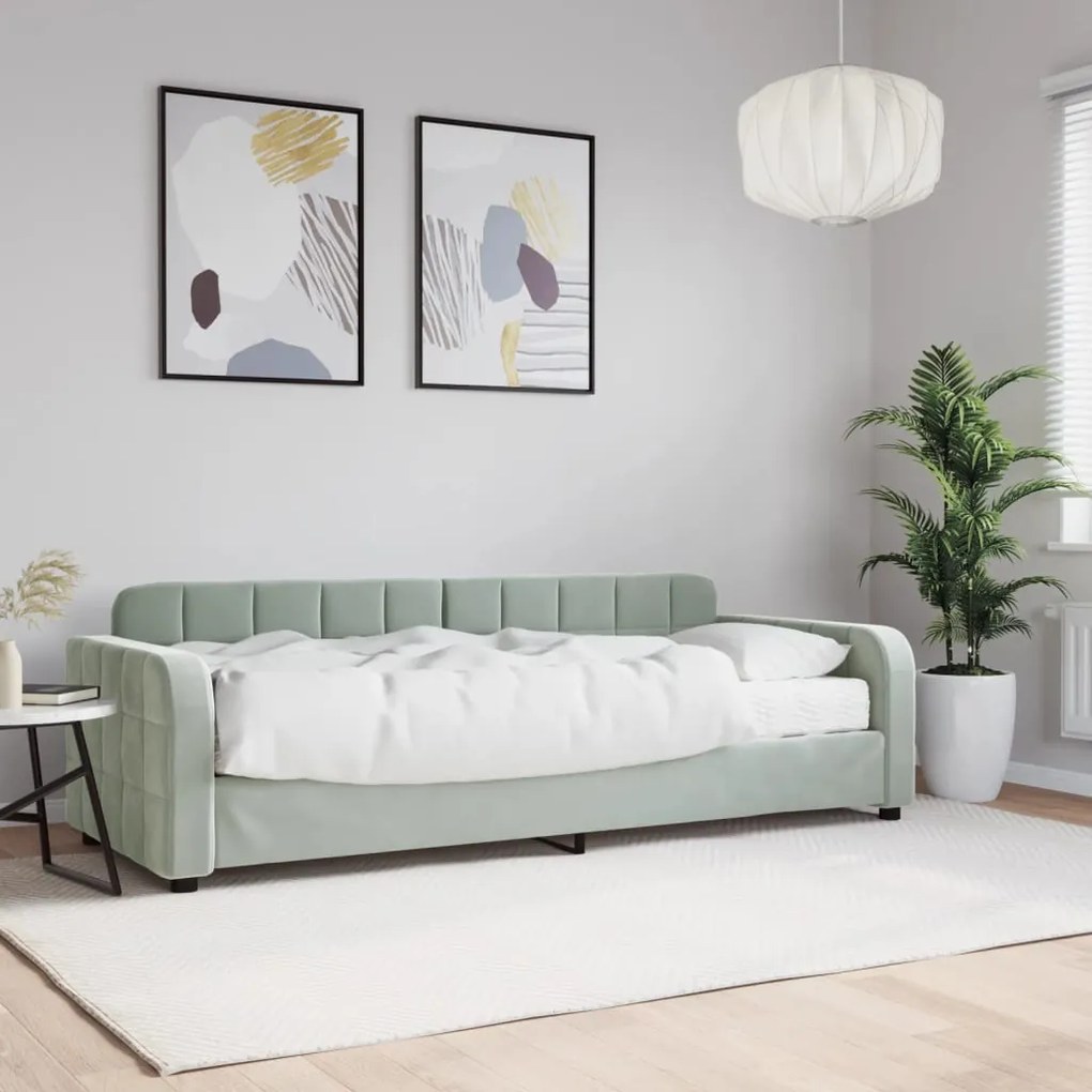 Divano Letto Con Materasso Grigio Chiaro 80x200 Cm İn Velluto /