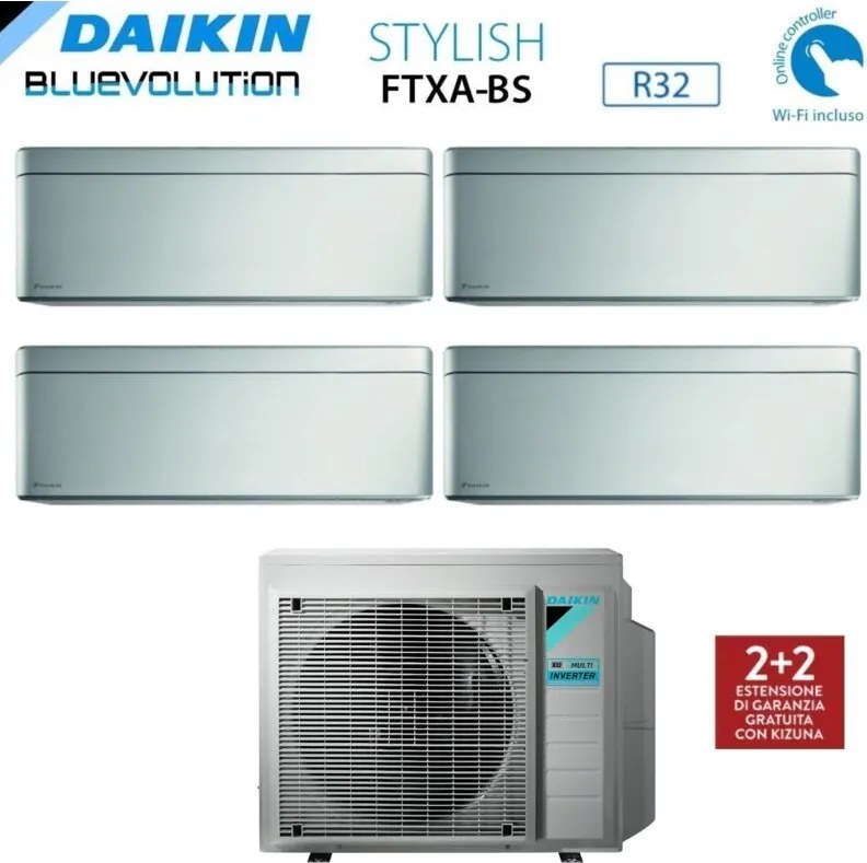 Daikin - Climatizzatore Condizionatore Bluevolution Quadri Split Inverter serie stylish total silver ftxa-bs 9+9+9+12 con 4MXM80N R-32 Wi-Fi