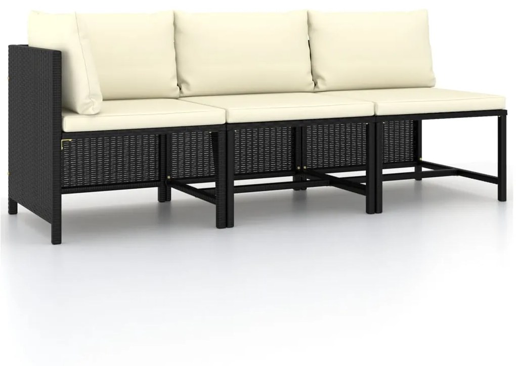 Set divani da giardino 3 pz con cuscini in polyrattan nero