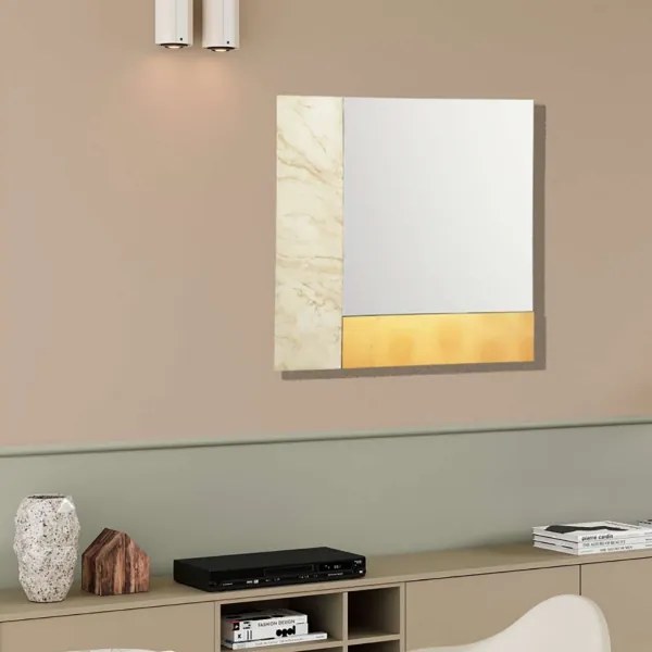 Specchio moderno quadrato 80 cm effetto marmo avorio e foglia oro - KEIRA