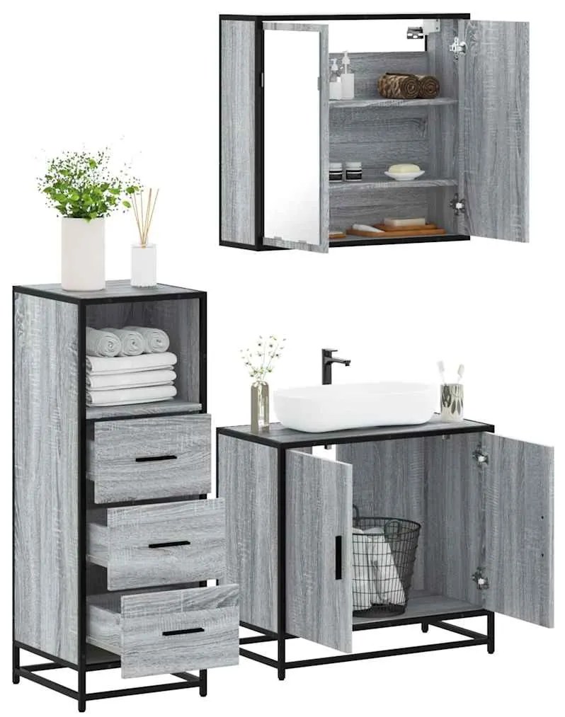 Set Mobili Da Bagno 3 Pz Grigio Sonoma İn Legno Multistrato /