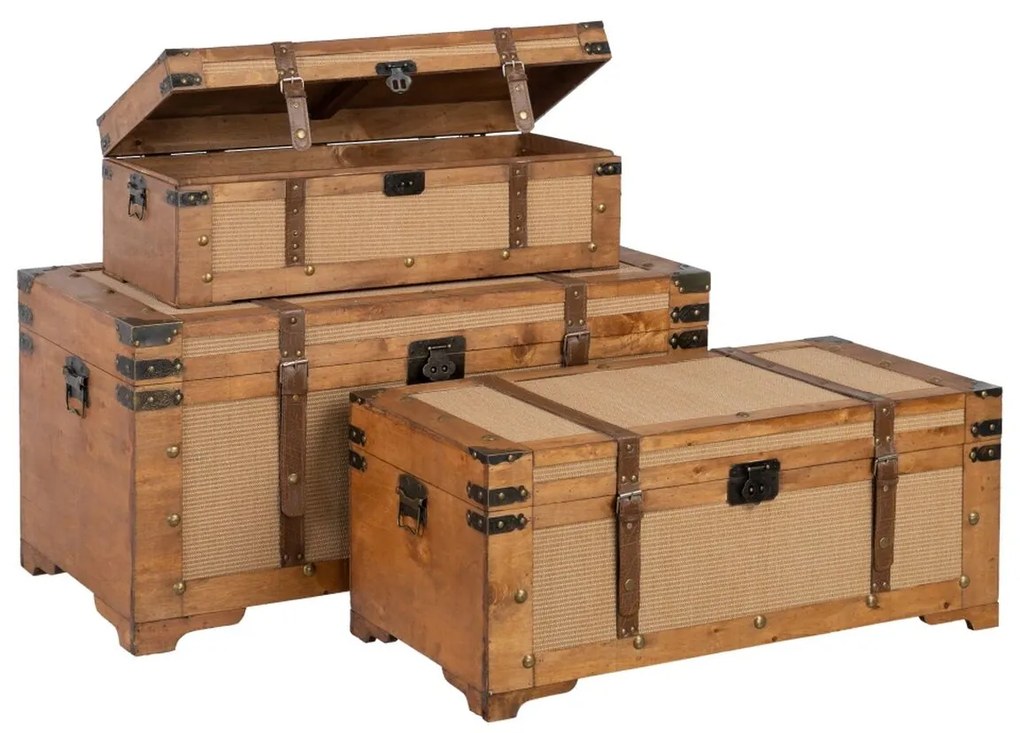 Set di Bauli 90 x 47 x 45 cm Tessuto Sintetico Legno (3 Pezzi)