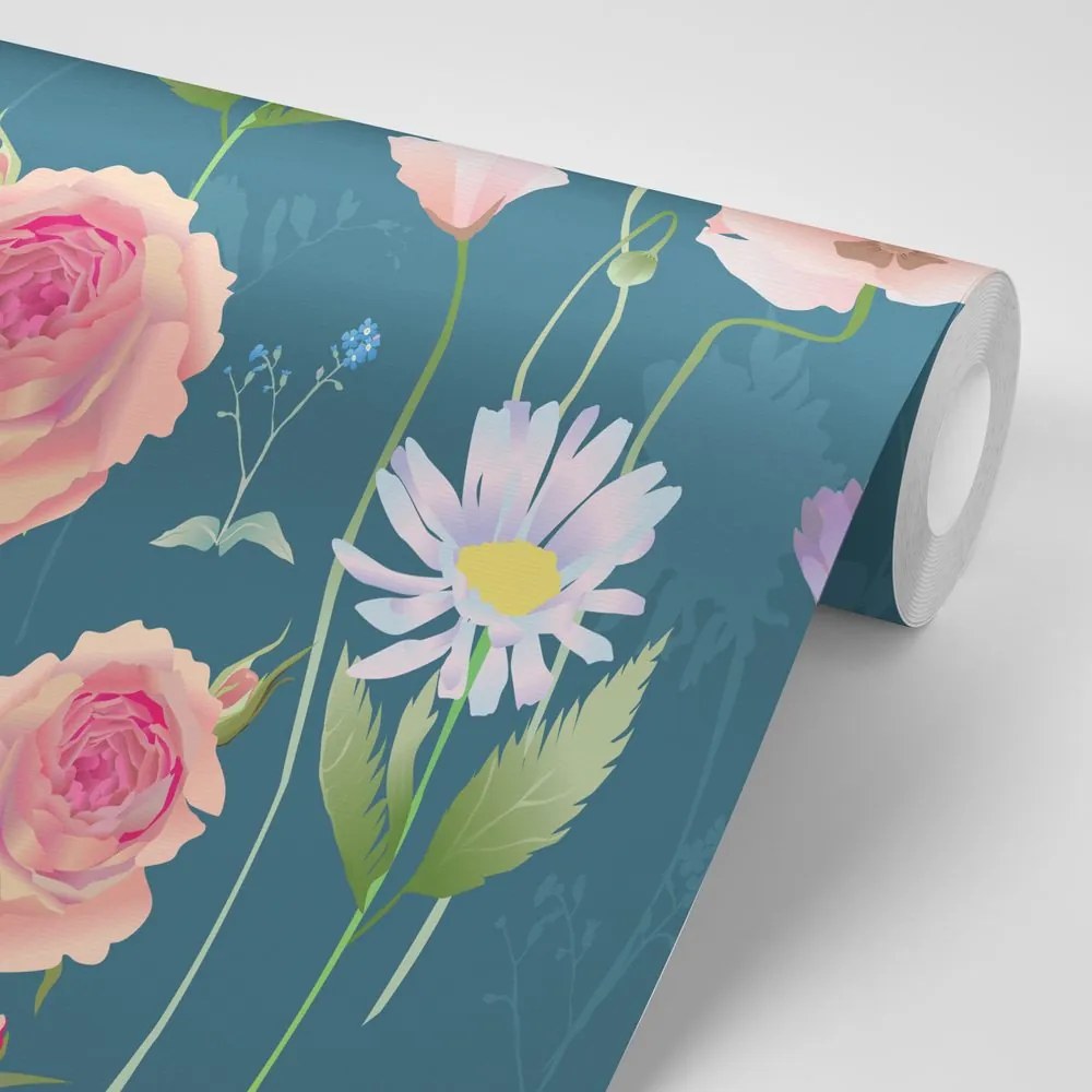 Carta da parati – Fiori romantici su sfondo blu