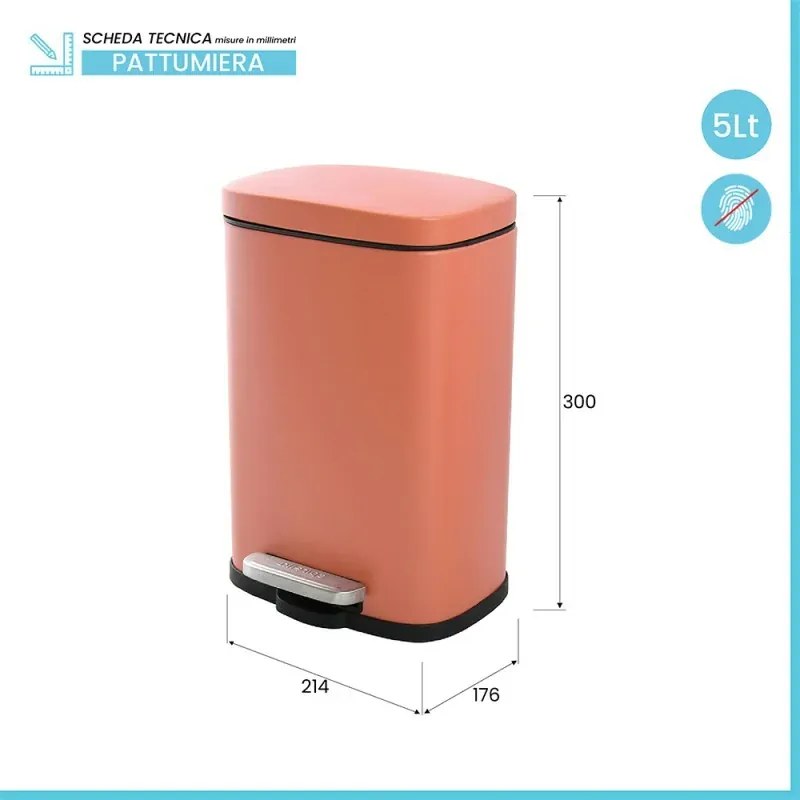 Set pattumiera 5lt a pedale e portascopino in acciaio color terracotta opaco Axin