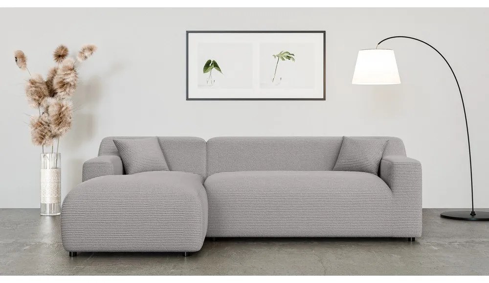 Divano angolare grigio chiaro (con penisola a sinistra e chaise lounge) rivestito in velluto a coste Martin – Ropez