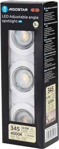 Aigostar - Set da 3 faretti da incasso LED, 1x GU10/4,5 W/230 V, 4000 K, bianco