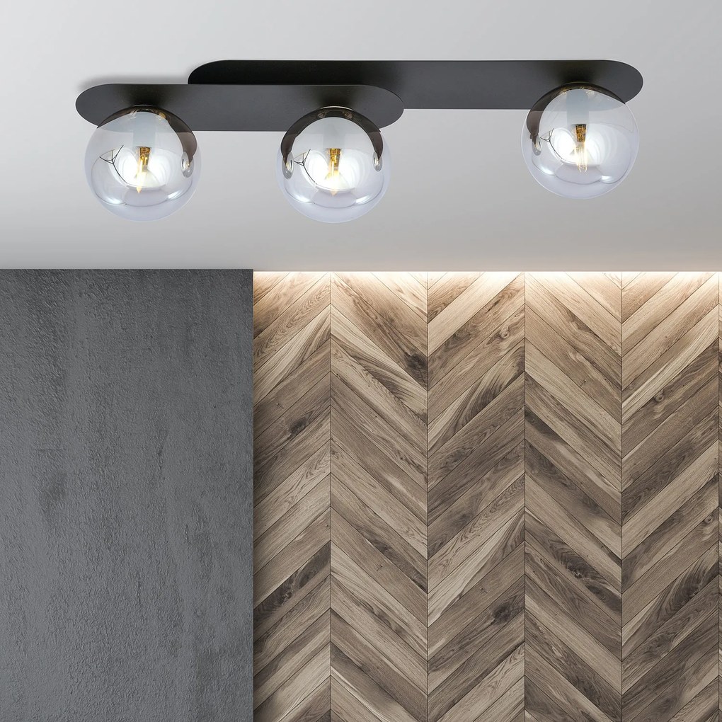 Plafoniera Minimal 3 Luci Teia In Acciaio Nero E Sfere Vetro Fumè