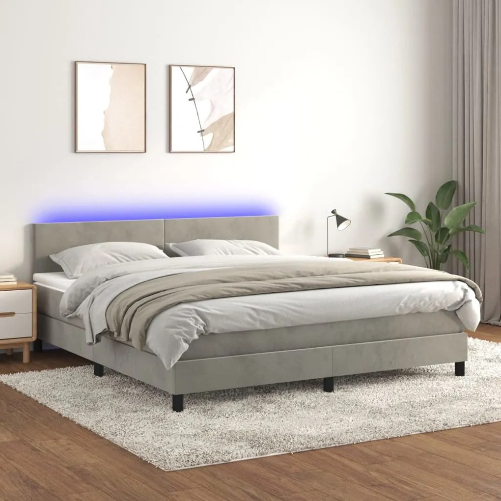 Letto a Molle Materasso e LED Grigio Chiaro 180x200 cm Velluto