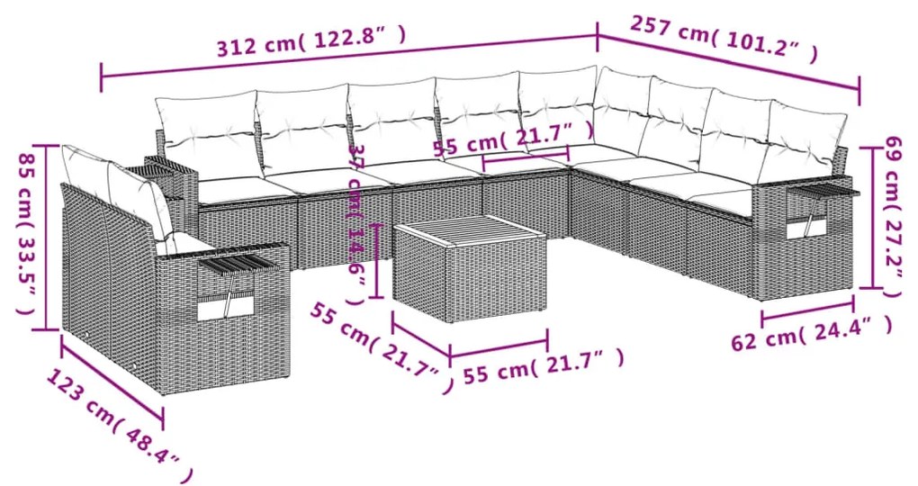 Set divano da giardino 11 pz con cuscini beige misto polyrattan