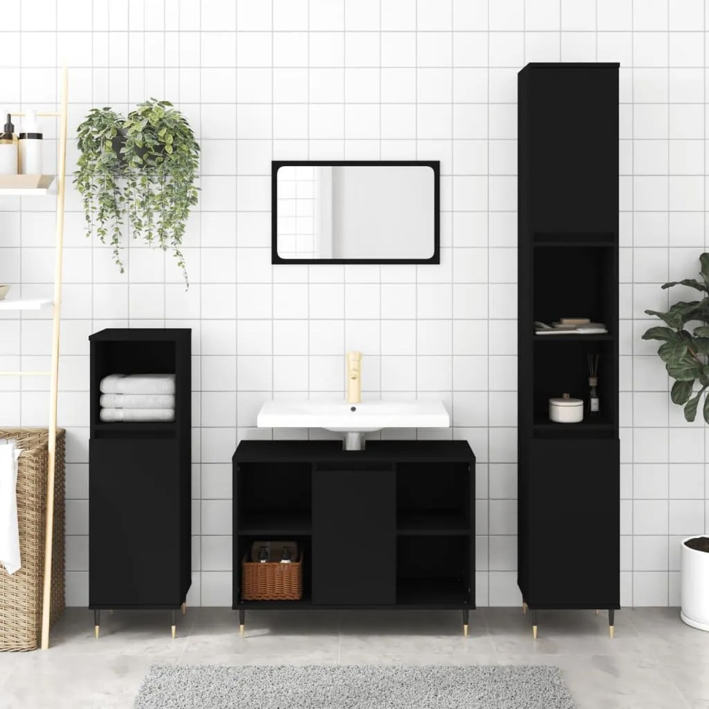 Set Mobili Da Bagno 3 Pz Nero İn Legno Multistrato /