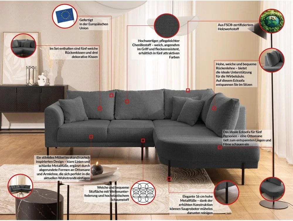 Divano angolare grigio scuro (con penisola a destra/a L) con rivestimento in ciniglia Mauris – Ropez