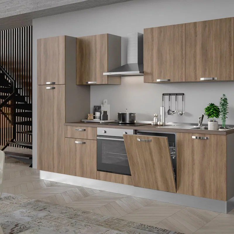 Cucina montata Dora rovere chiaro, lavello a destra, L 300 cm, completa di: cappa a camino, piano cottura a induzione, forno, lavastoviglie, frigorifero