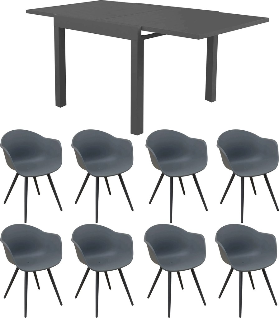 JERRI - set tavolo in alluminio cm 90/180 x 90 x 75 h con 8 Poltrone Dynamo