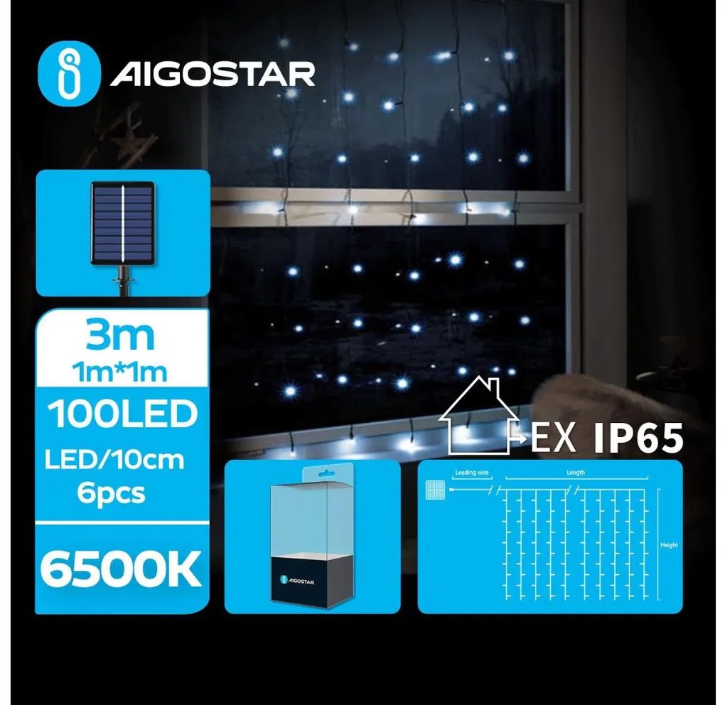 Aigostar - Catena di Natale solare a LED 100xLED/8 funzioni 4x1m IP65 bianco freddo