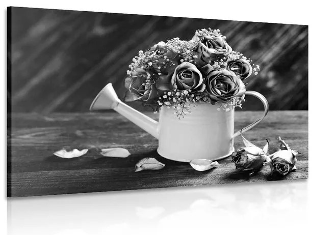 Quadro su tela – Rose in annaffiatoio in bianco e nero