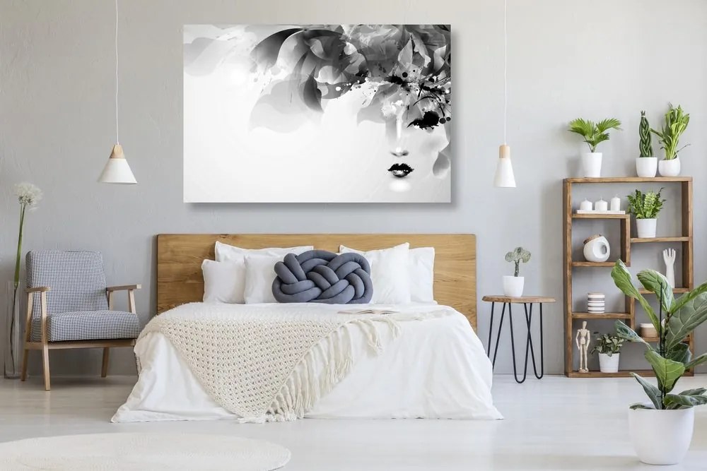 Quadro su tela – Volto femminile di moda con elementi astratti in bianco e nero