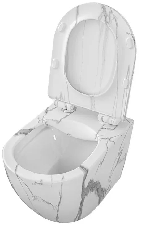 WC sospeso Rimless in ceramica marmorizzata bianca con sedile Tokyo