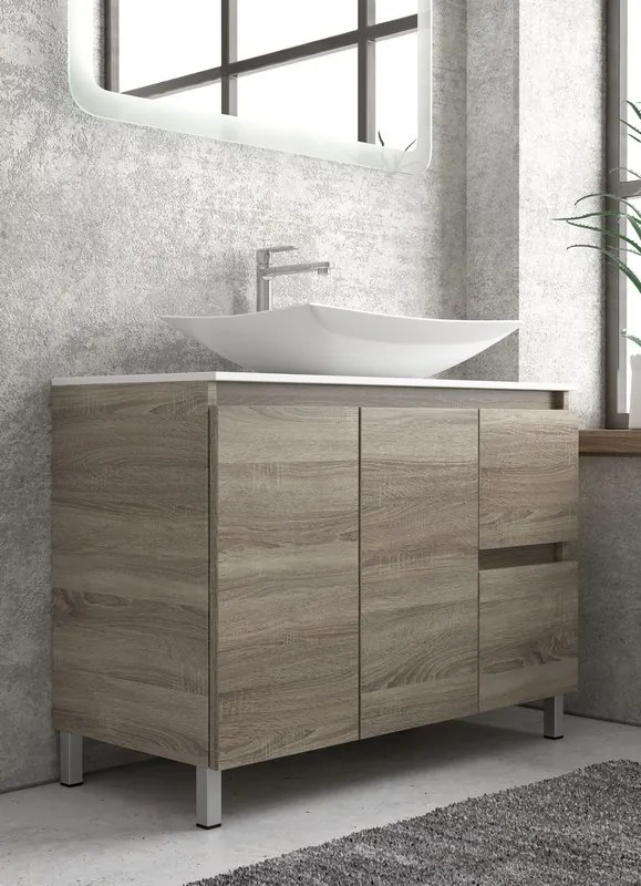 Composizione bagno 100cm a terra: mobile, specchio led e colonna TOD-100B - KAMALU