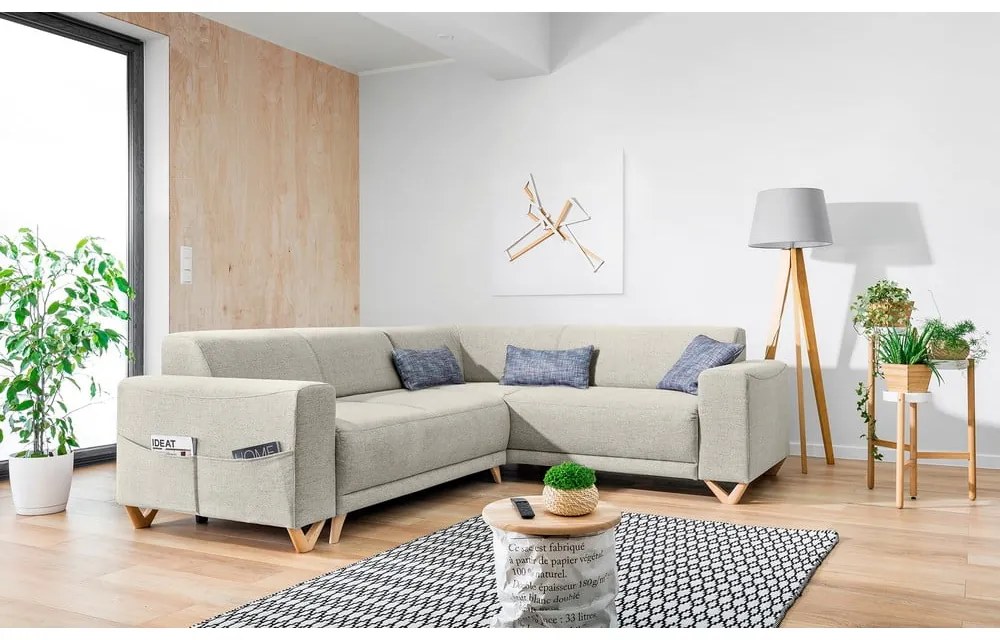 Divano angolare beige allungabile e con contenitore (con penisola a destra/a L) Classy Sophie – Miuform