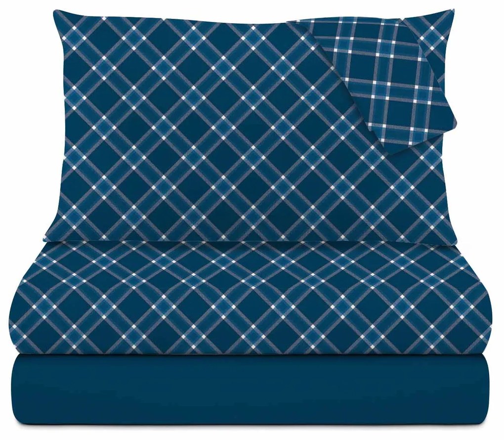 Completo letto matrimoniale in cotone Scozzese blu