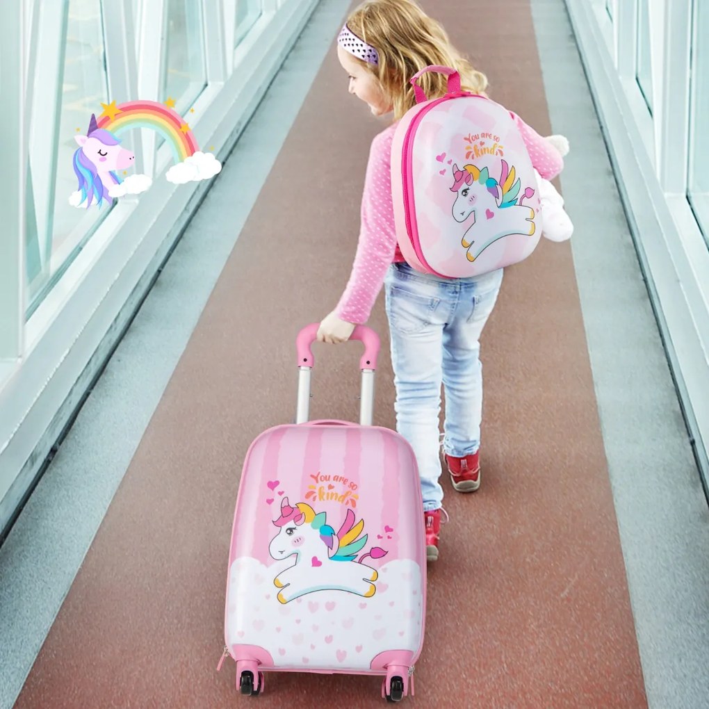 Costway Set di 2 valigette per bambini da viaggio con ruote girevole 360°, Trolley bimbo e zaino Binaco e rosa