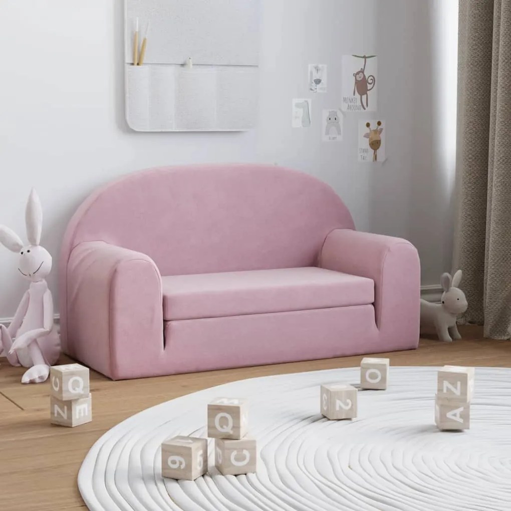Divano Letto Per Bambini A 2 Posti Rosa İn Morbido Peluche /