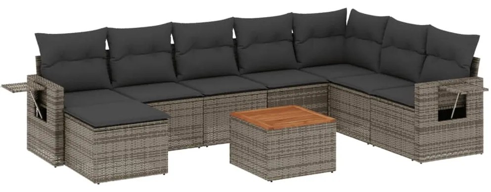 Set Divano da Giardino 9 pz con Cuscini Grigio in Polyrattan