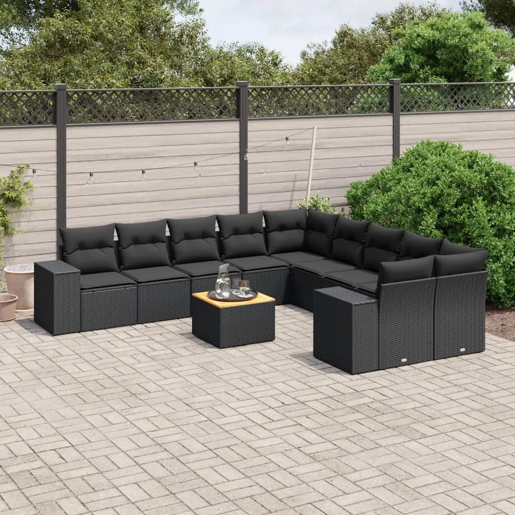 Set divani da giardino 11 pz con cuscini in polyrattan nero