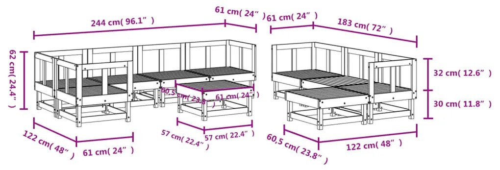 Set Salotto da Giardino 10 pz Grigio in Legno Massello di Pino