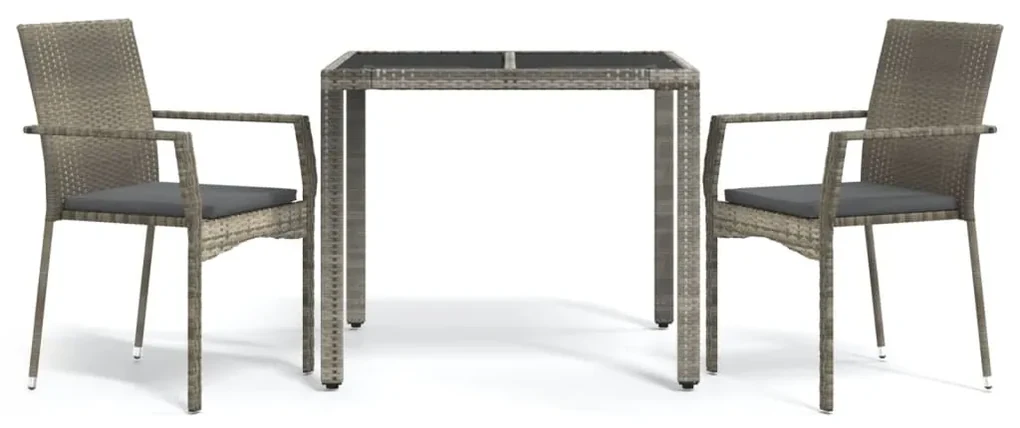 Set da pranzo da giardino 3 pz con cuscini in polyrattan grigio