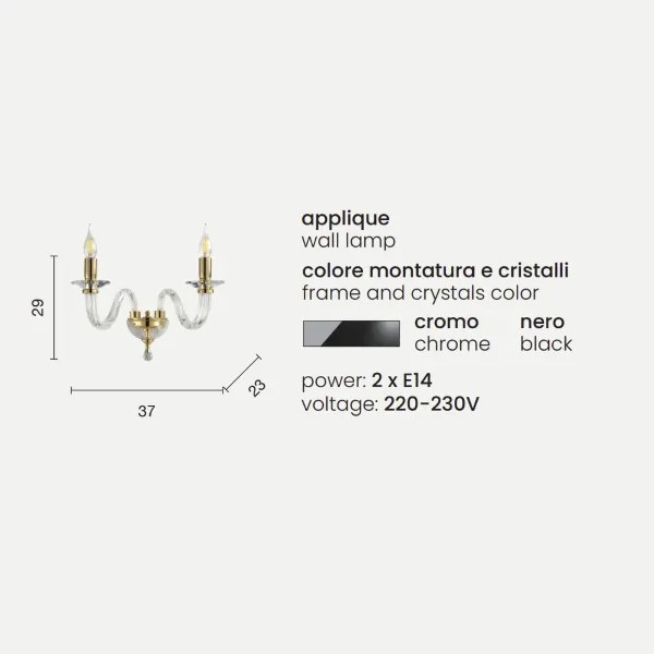 Applique 37 cm RAVEL 2 luci in vetro lavorato a mano Nero