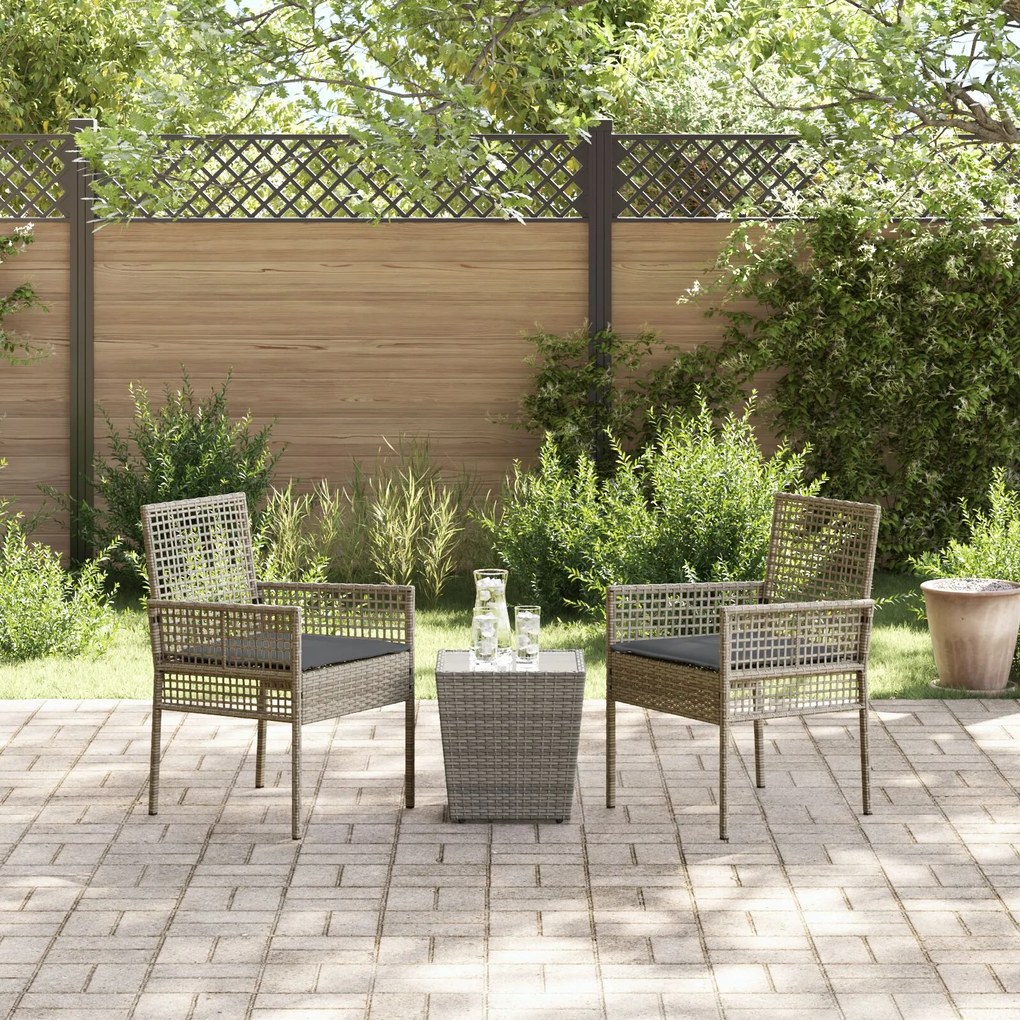 Set bistro da giardino 3 pezzi con cuscini grigio in polyrattan