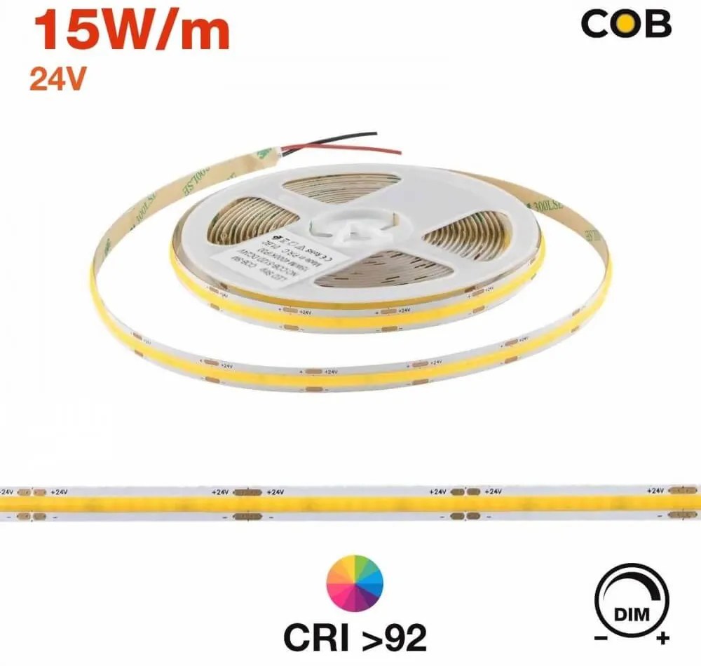 Striscia LED Professional COB - IP20 - 15W/m - 5m - 110lm/W - CRI92 - 24V Colore Bianco Freddo 5.700K