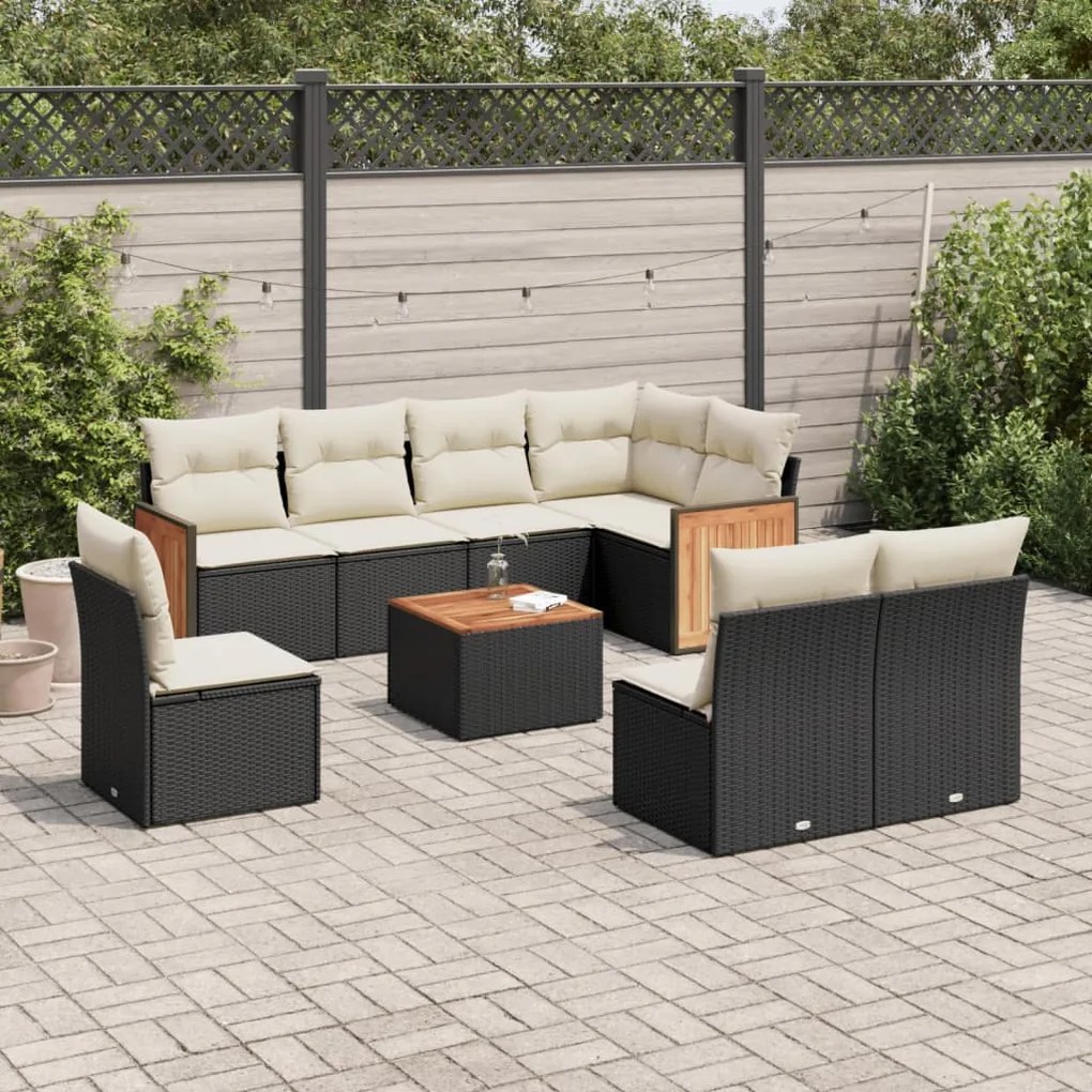 Set divani da giardino 9 pz con cuscini nero in polyrattan