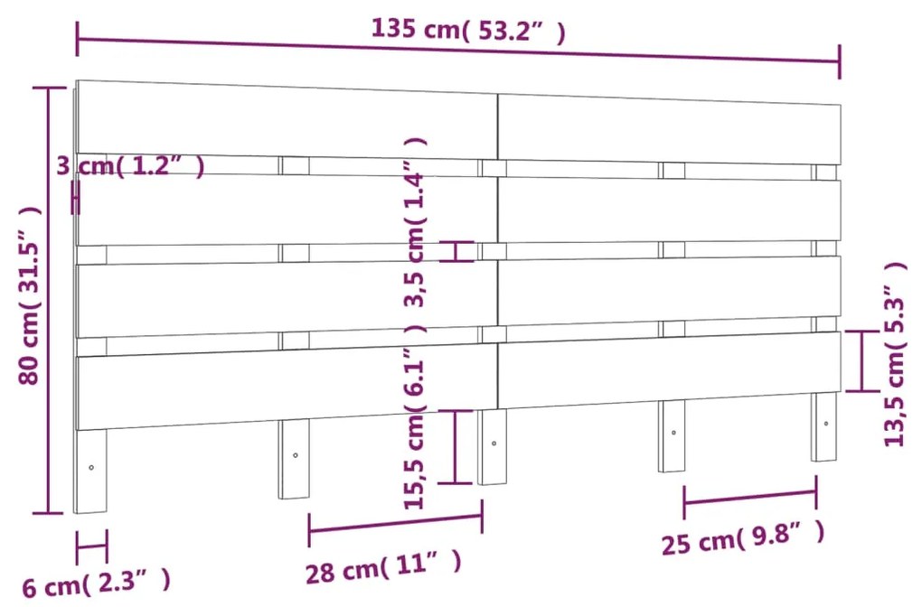 Testiera per Letto 135x3x80 cm in Legno Massello di Pino