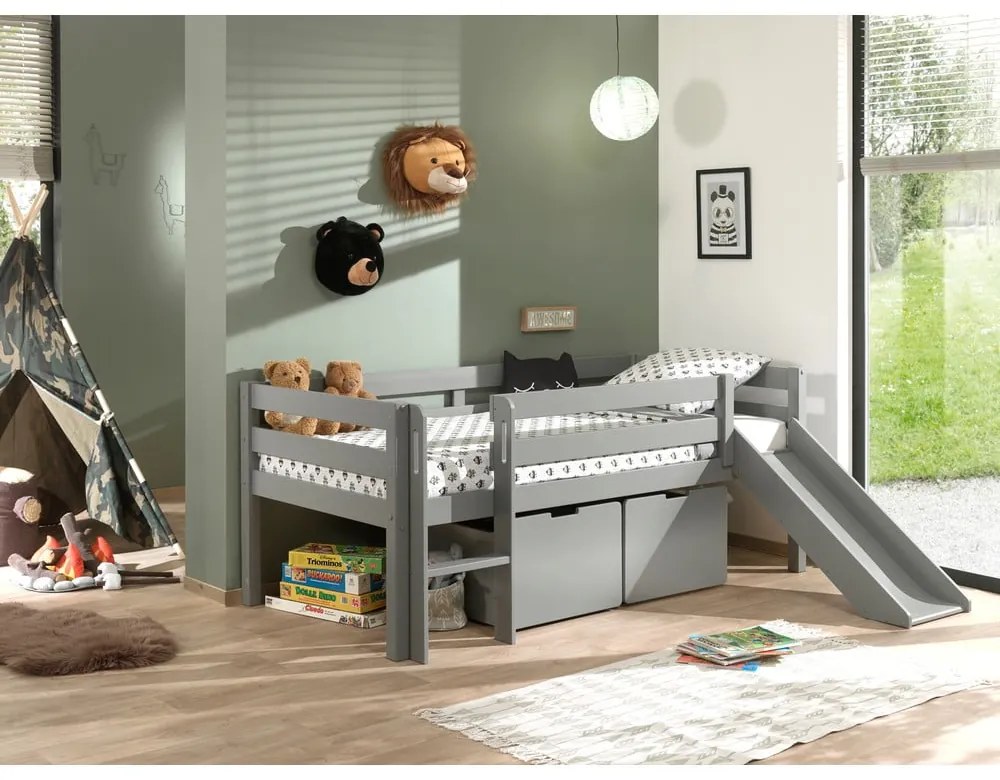 Letto rialzato grigio per bambini con scivolo , 90 x 200 cm Pino - Vipack