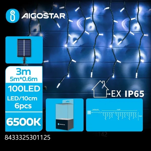 Aigostar - Catena luminosa solare LED, 100 LED, 8 modalità, 8 x 0,6 m, IP65, bianco freddo