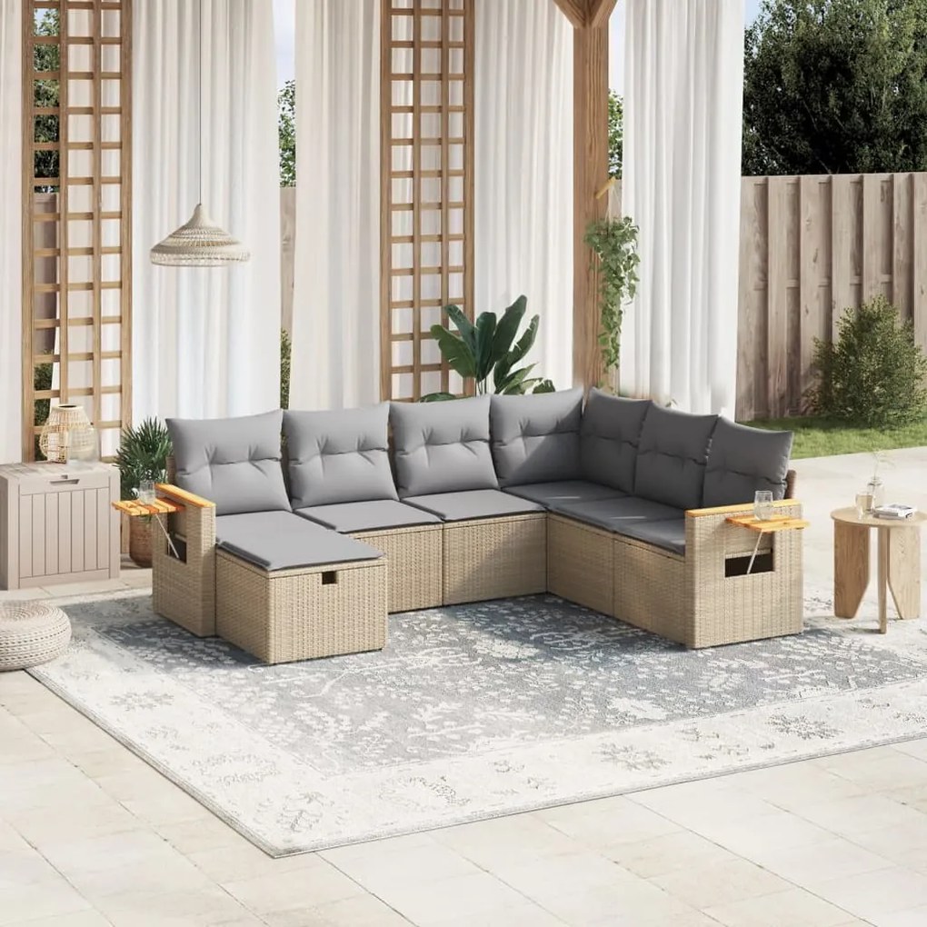 Set divano da giardino 7 pz con cuscini beige misto polyrattan