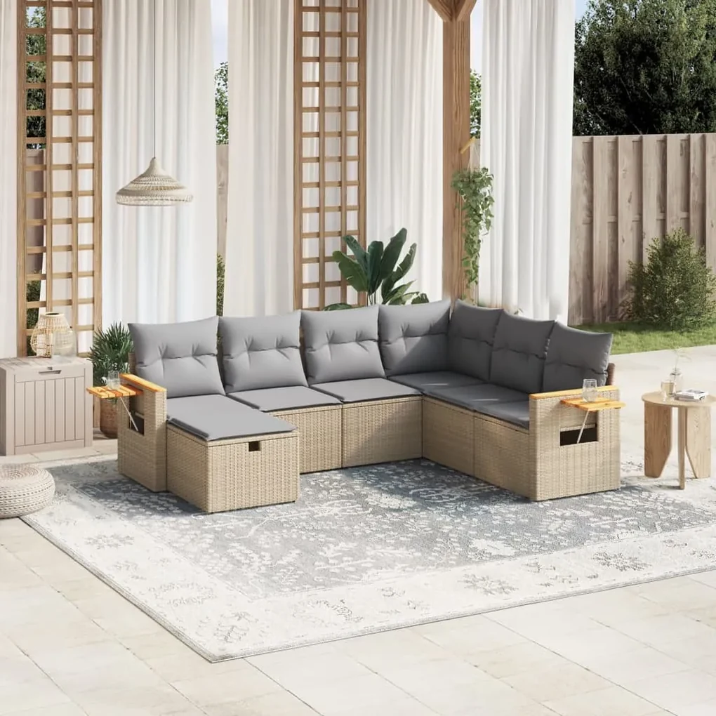 Set divano da giardino 7 pz con cuscini beige misto polyrattan
