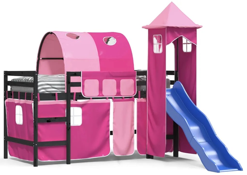 Letto a soppalco con torre bambini rosa 90x190cm massello pino