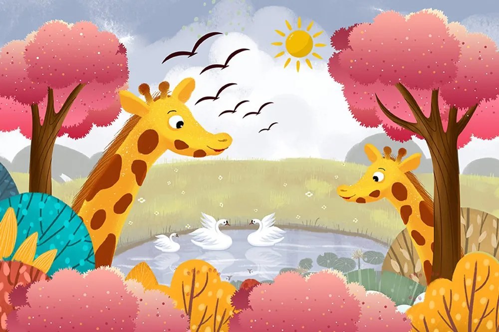 Carta da parati autoadesiva – Giraffe presso lo stagno