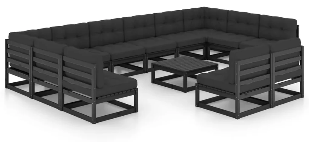 Set divani da giardino 13 pz con cuscini massello di pino nero