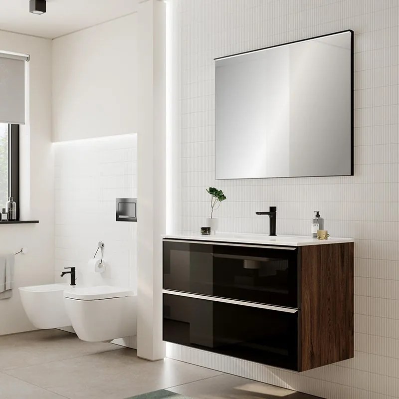 Mobile bagno con lavabo STAR L100 x H60 x P46 cm walnut in vetro 2 cassetti per vasca centrale