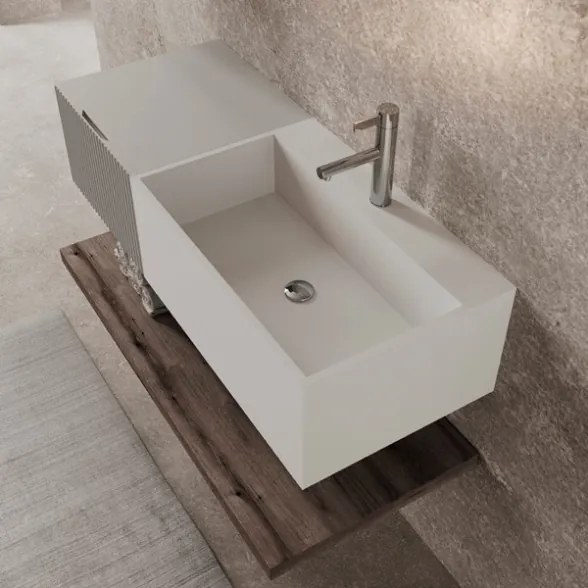Lavabo 60 cm con cassetto laterale 40 cm grigio specchio e mensola inferiore Rovere Scuro - Itaca