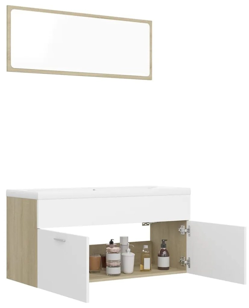 Set mobili da bagno bianco e rovere sonoma in truciolato