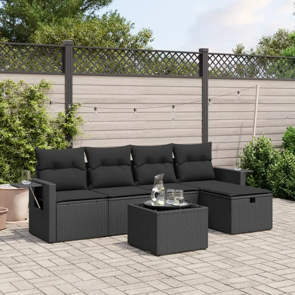 Set divano da giardino 6 pz con cuscini nero in polyrattan