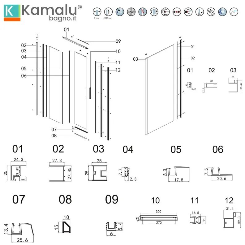 Kamalu - Box doccia 3 lati 75x110x75 oro satinato anta scorrevole | KLA-4000G