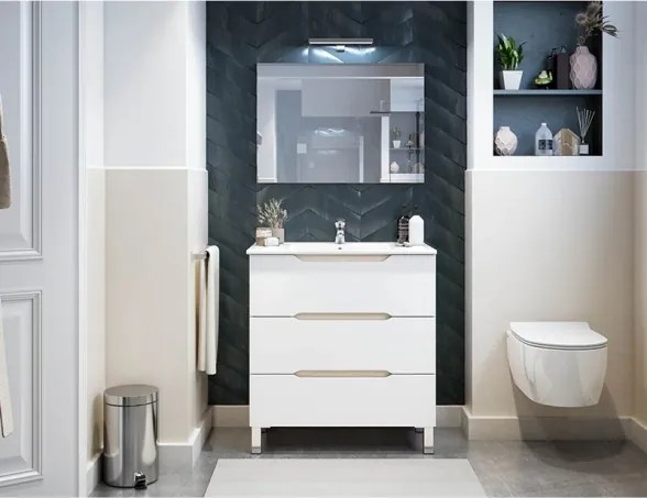 Mobile Da Bagno 80 Cm 3 Cassetti Con Piedini E Lavabo In Ceramica Lea Bianco Lucido